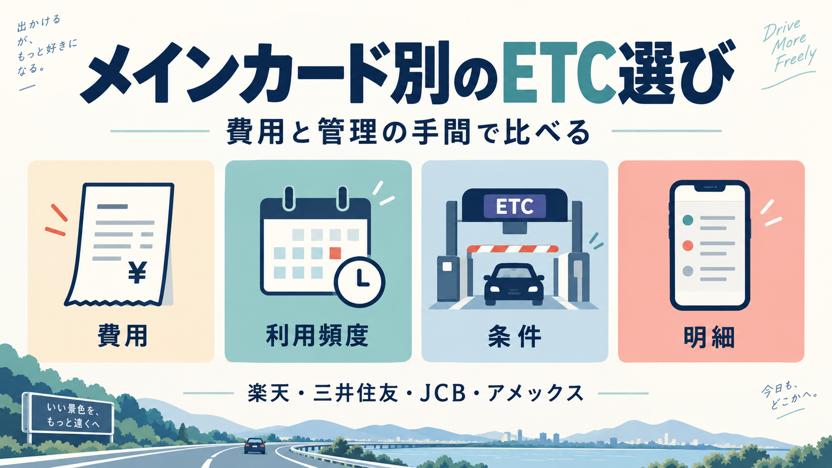 メインカード別ETCを費用・利用頻度・条件・明細で比べる図