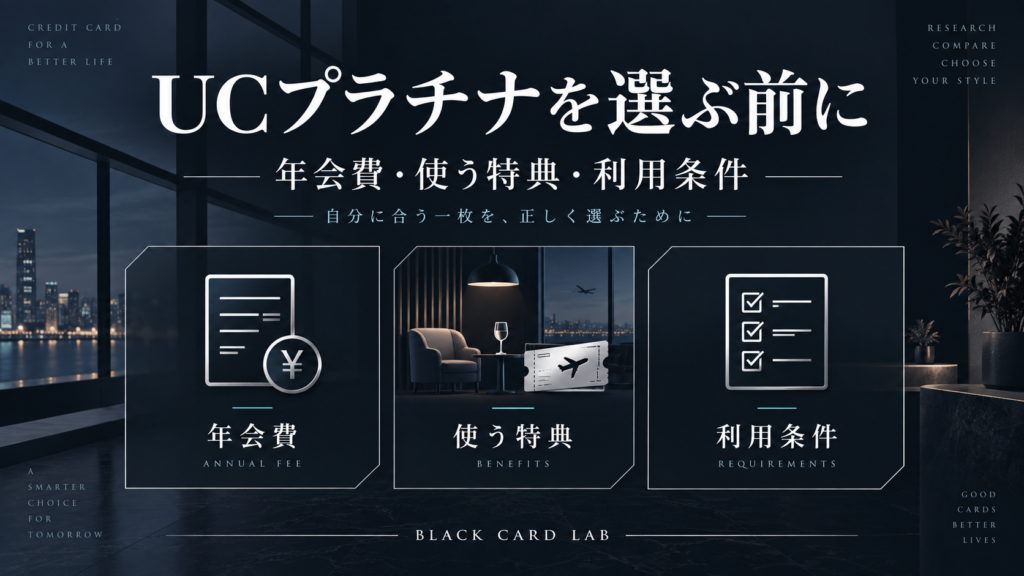UCプラチナを選ぶ前に、年会費・使う特典・利用条件の3点を確認する図